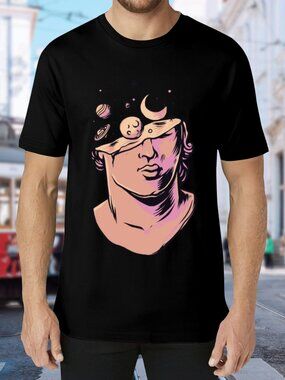 Black Graphic Short Sleeve Tee with Pink Astral Bust Design